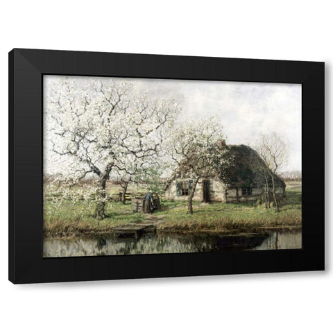 Cottage By The River Black Modern Wood Framed Art Print by Unknown