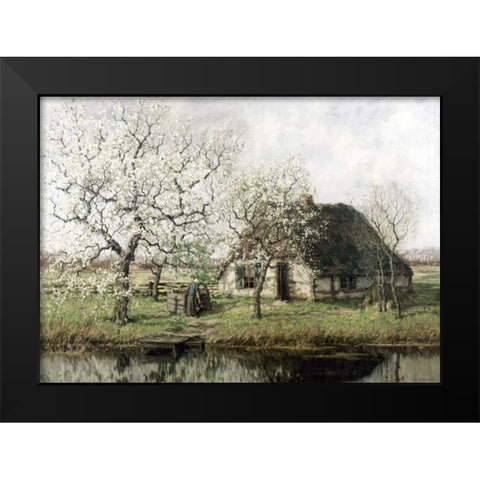 Cottage By The River Black Modern Wood Framed Art Print by Unknown