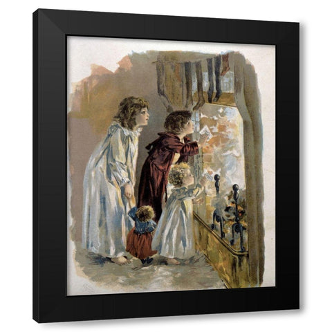 Three Children By Fireplace Black Modern Wood Framed Art Print with Double Matting by Unknown