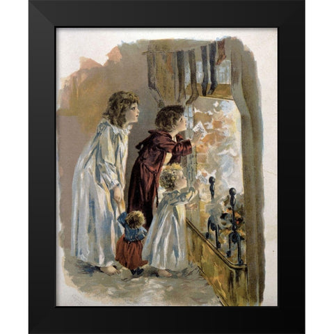 Three Children By Fireplace Black Modern Wood Framed Art Print by Unknown