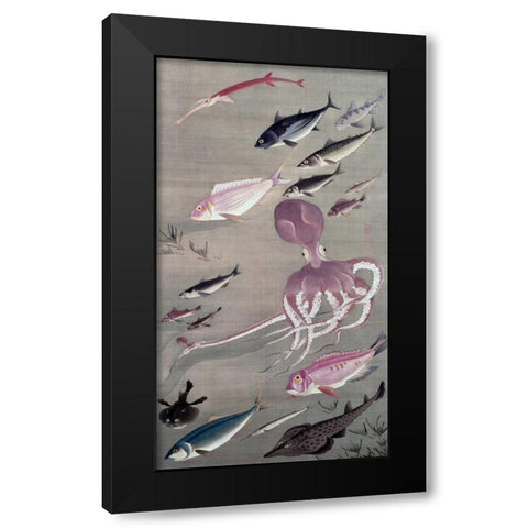 Under Water Life Black Modern Wood Framed Art Print by Unknown