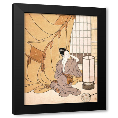 Woman Primping Black Modern Wood Framed Art Print with Double Matting by Unknown