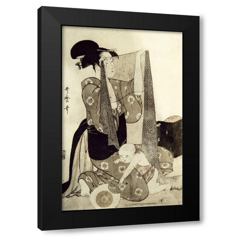Mother and Child Black Modern Wood Framed Art Print with Double Matting by Utamaro, Kitagawa