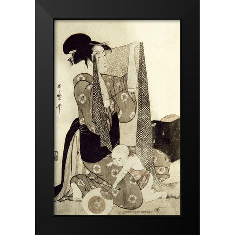 Mother and Child Black Modern Wood Framed Art Print by Utamaro, Kitagawa