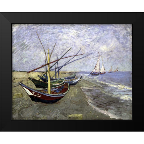 Fishing Boats On The Beachat Saintes-Maries Black Modern Wood Framed Art Print by Van Gogh, Vincent