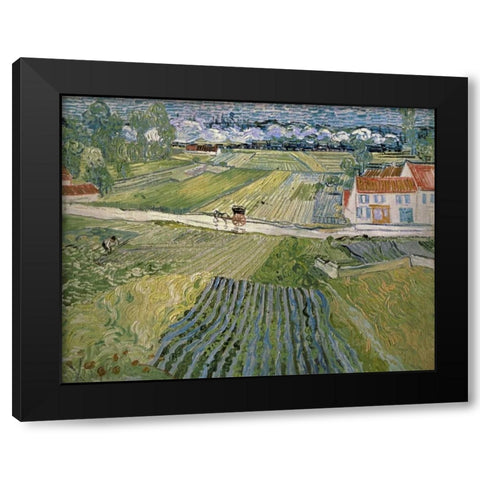 Landscape With Carriage and Train Black Modern Wood Framed Art Print with Double Matting by Van Gogh, Vincent