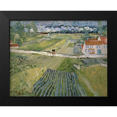 Landscape With Carriage and Train Black Modern Wood Framed Art Print by Van Gogh, Vincent