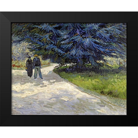 Public Garden with Couple and Blue Fir Tree Black Modern Wood Framed Art Print by Van Gogh, Vincent