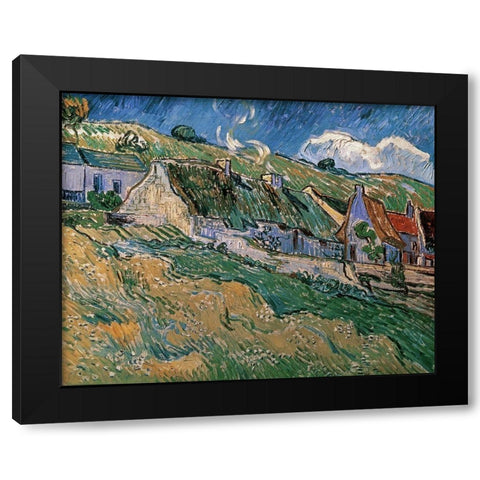 Thatched Cottages Black Modern Wood Framed Art Print with Double Matting by Van Gogh, Vincent