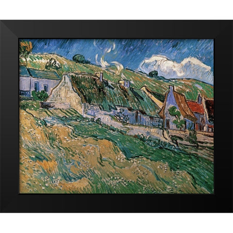 Thatched Cottages Black Modern Wood Framed Art Print by Van Gogh, Vincent