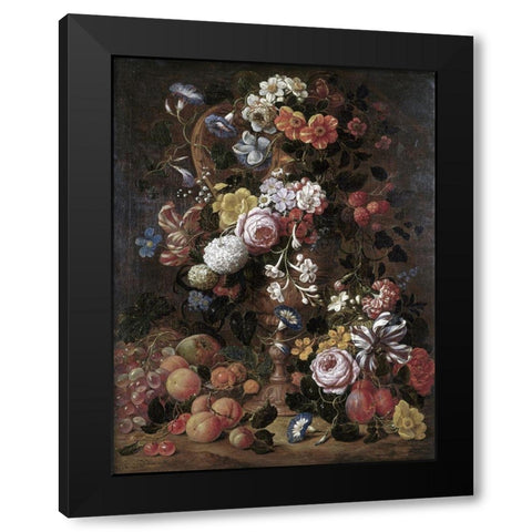 Roses, Dahlias, Convolvulus and Other Flowers Black Modern Wood Framed Art Print by Veerendael, Nicolas van