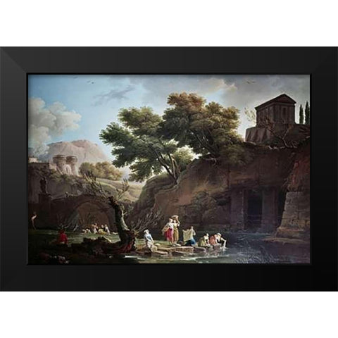 Paysage Marine Blanchisseuses Black Modern Wood Framed Art Print by Vernet, Claude-Joseph