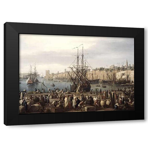 Port of Marseille Black Modern Wood Framed Art Print by Vernet, Claude-Joseph