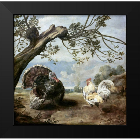 Cock and Turkey Black Modern Wood Framed Art Print by De Vos, Paul