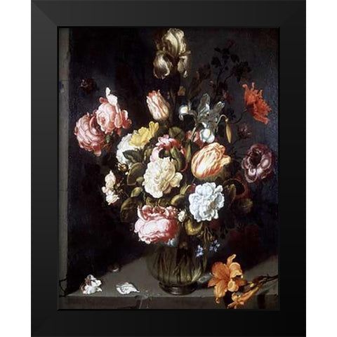 Tulips and Peonies in a Vase Black Modern Wood Framed Art Print by Vosmaer, Jacob Woutersz