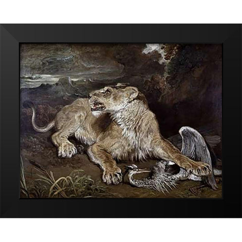 A Lioness and a Heron Black Modern Wood Framed Art Print by Ward, James