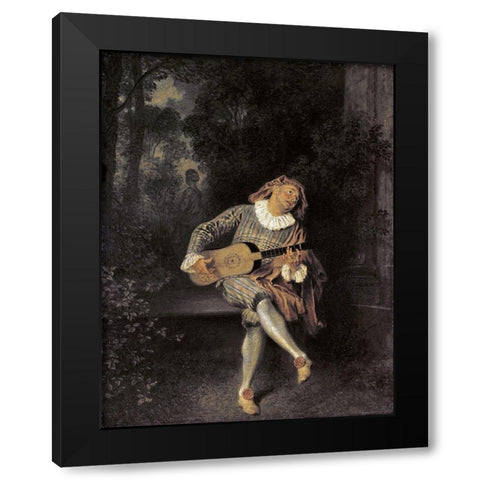 Mezzetin Black Modern Wood Framed Art Print by Watteau, Jean-Antoine