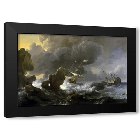 Dutch Merchantmen Driven onto a Rocky Coast in a Storm Black Modern Wood Framed Art Print with Double Matting by Backhuysen, Ludolf