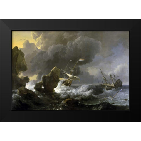 Dutch Merchantmen Driven onto a Rocky Coast in a Storm Black Modern Wood Framed Art Print by Backhuysen, Ludolf
