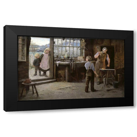 His First Day at Work - Child Apprentice with Blacksmith Black Modern Wood Framed Art Print with Double Matting by Bannerman, Hamlet