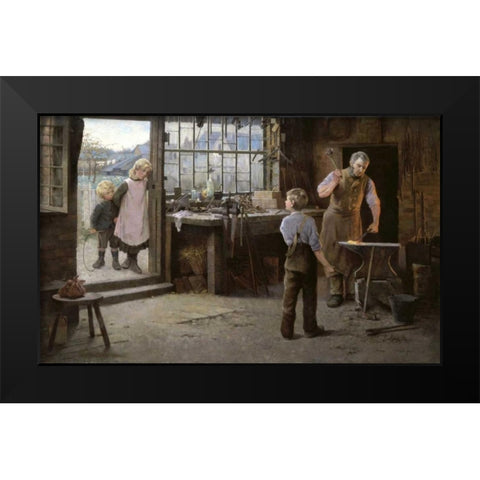 His First Day at Work - Child Apprentice with Blacksmith Black Modern Wood Framed Art Print by Bannerman, Hamlet
