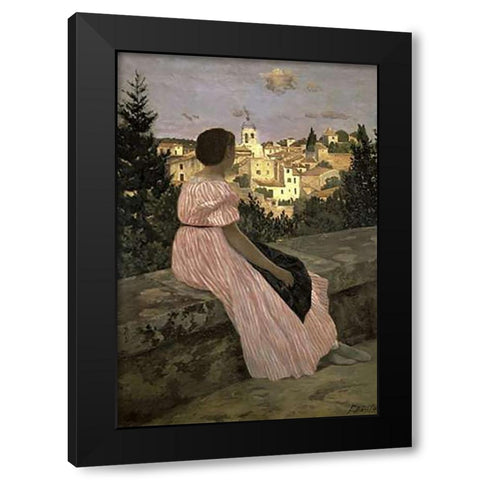 The Pink Dress (View of Castelnau-le-Lez, Herault) Black Modern Wood Framed Art Print with Double Matting by Bazille, Frederic