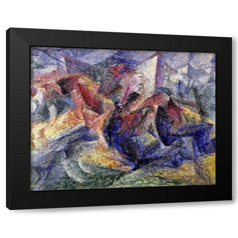 Horse, Horseman and Buildings Black Modern Wood Framed Art Print with Double Matting by Boccioni, Umberto