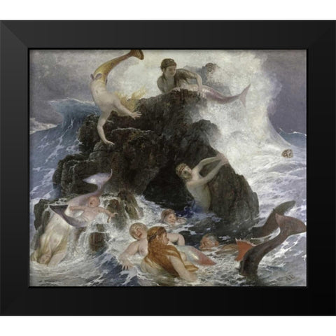 Mermaids at Play Black Modern Wood Framed Art Print by Bocklin, Arnold