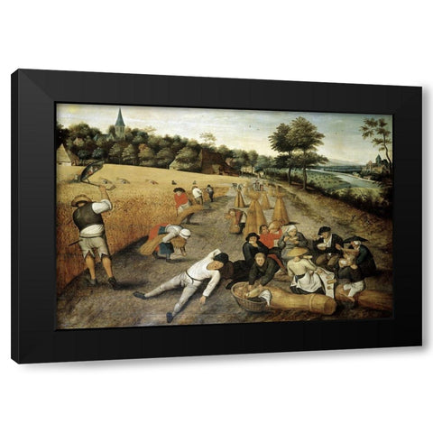 Summer: Harvesters Working and Eating in a Corn Field Black Modern Wood Framed Art Print by Bruegel the Elder, Pieter