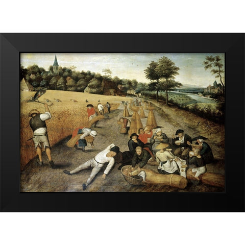 Summer: Harvesters Working and Eating in a Corn Field Black Modern Wood Framed Art Print by Bruegel the Elder, Pieter