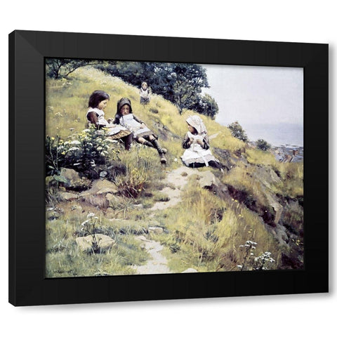 Girls with a Wreath of Flowers Black Modern Wood Framed Art Print with Double Matting by Brymner, William