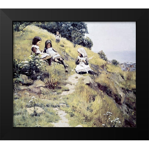 Girls with a Wreath of Flowers Black Modern Wood Framed Art Print by Brymner, William