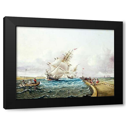 Square Rigged Ships off Jetty Black Modern Wood Framed Art Print with Double Matting by Buttersworth, James E.