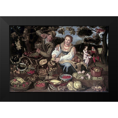 A Fruit Cuisine and Vegetable Cuisine Stall in an Orchard Black Modern Wood Framed Art Print by Campi, Vincenzo
