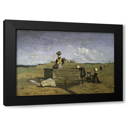 Bretons at the Well Black Modern Wood Framed Art Print with Double Matting by Corot, Jean-Baptiste-Camille