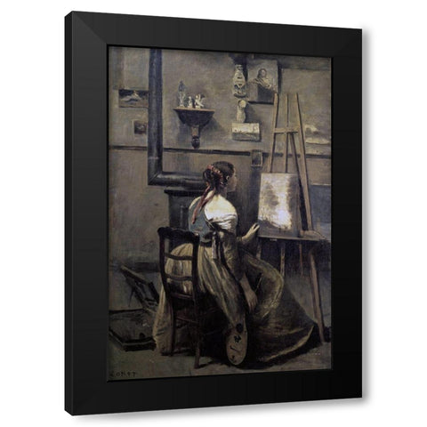 Corots Studio Black Modern Wood Framed Art Print with Double Matting by Corot, Jean-Baptiste-Camille