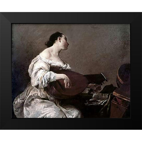 Woman Playing a Lute Black Modern Wood Framed Art Print by Crespi, Giuseppe Maria