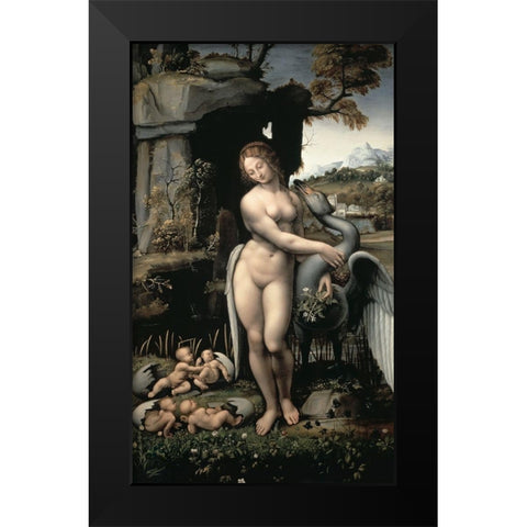 Leda and the Swan Black Modern Wood Framed Art Print by Da Vinci, Leonardo