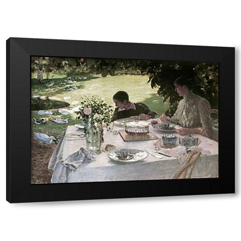 Lunch in the Garden Black Modern Wood Framed Art Print with Double Matting by De Nittis, Giuseppe