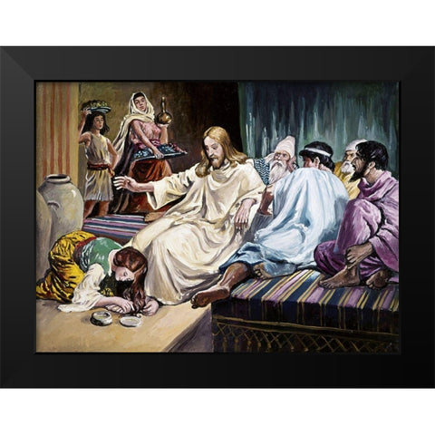 Magdalene Washing Christs Feet Black Modern Wood Framed Art Print by Dicksee, Sir Francis