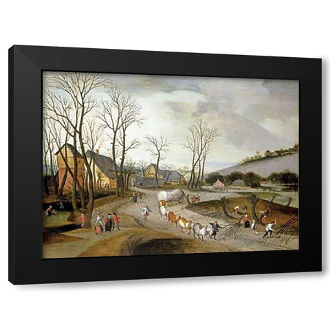 Winter Landscape with Wagon and Peasants at Work Black Modern Wood Framed Art Print by Grimmer, Abel