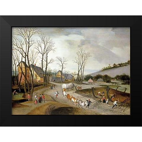 Winter Landscape with Wagon and Peasants at Work Black Modern Wood Framed Art Print by Grimmer, Abel