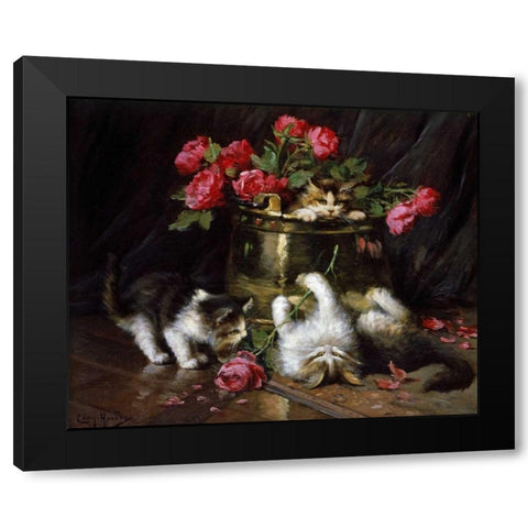Playful Kittens Black Modern Wood Framed Art Print with Double Matting by Huber, Leon-Charles