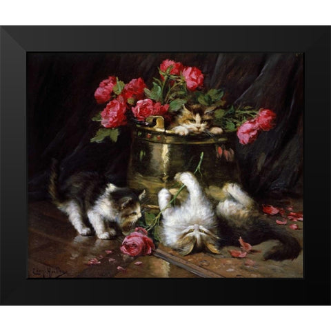 Playful Kittens Black Modern Wood Framed Art Print by Huber, Leon-Charles