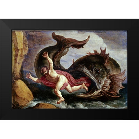 Jonah and the Whale Black Modern Wood Framed Art Print by Lastman, Pieter
