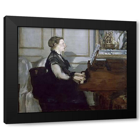 Madame Manet au Piano Black Modern Wood Framed Art Print with Double Matting by Manet, Edouard