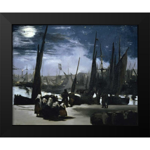 Moonlight over the Port Boulogne Black Modern Wood Framed Art Print by Manet, Edouard