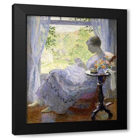 Young Woman Sewing Black Modern Wood Framed Art Print by Melchers, Gari