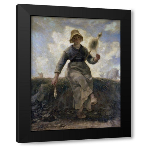 The Spinner, Goat-Girl from the Auvergne Black Modern Wood Framed Art Print with Double Matting by Millet, Jean-Francois