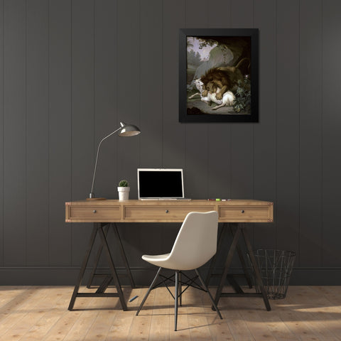 A Lion Attacking a Goat Black Modern Wood Framed Art Print by Peter, Wenzel